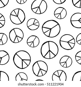 Seamless pattern with  hand drawn hippie peace symbol. Hippy pacific sign.  Boho vintage fashion. Black and white wallpaper.