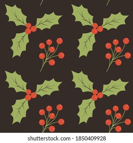 Seamless pattern with hand drawn holly and floral branches and berries. Repeating background for wrapping paper, fabric, stationary products decoration.