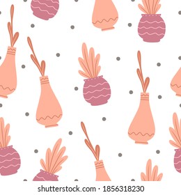 Seamless pattern with hand drawn home flowers in pots on a white background. Doodle, simple illustration. It can be used for decoration of textile, paper.