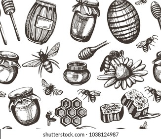 Seamless pattern with hand drawn honey items on the white background