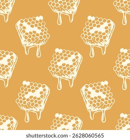 Seamless pattern with hand drawn honeycomb pieces and dripping honey on orange background. Repeating vector design for food and natural products. Honey and beekeeping concept