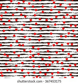 seamless pattern with hand drawn horizontal black lines and small red hearts