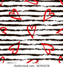 seamless pattern with hand drawn horizontal black lines and hand drawn red hearts
