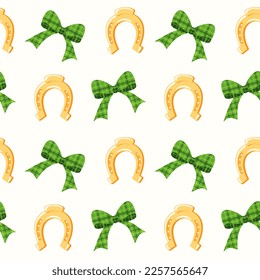 Seamless pattern of hand drawn of horse shoes and Irish tartan bow ties. Design for St. Patrick’s day celebration, party decoration, scrapbooking, home decor, textile, print, paper crafts.