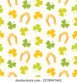 Seamless pattern of hand drawn of horseshoes and Irish shamrocks on isolated background. Design for St. Patrick’s day celebration, party decoration, scrapbooking, home decor, textile, paper crafts.