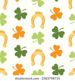 Seamless pattern of hand drawn of horseshoes and Irish shamrocks on isolated background. Design for St. Patrick’s day celebration, party decoration, scrapbooking, home decor, textile, paper crafts.