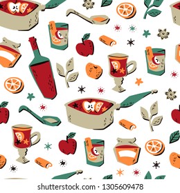 Seamless Pattern with Hand Drawn Hot Mulled Wine on White Background