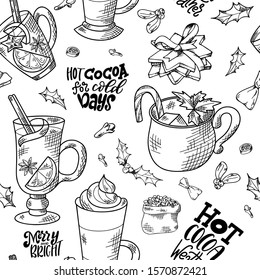 Seamless pattern with hand drawn hot drinks. Sketch winter elements. Holiday Christmas vector illustration.