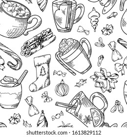 Seamless pattern with hand drawn hot drinks. Sketch winter elements. Holiday Christmas vector illustration