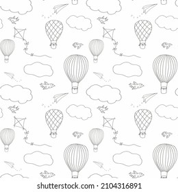 Seamless Pattern, Hand Drawn Hot Air Baloons Flying In The Blue Sky, Pattern For Backgrounds, Wrapping Paper, Fabrics And Other Designs