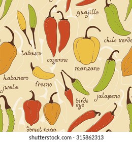 Seamless pattern from hand drawn hot chili peppers, food background