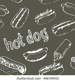 Seamless pattern with hand drawn hot dogs. Fast food background. Wrapping texture from sketches of hotdogs with sauce, mayonnaise and vegetables. EPS8 vector illustration.