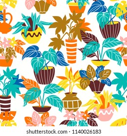 Seamless Pattern with Hand Drawn House Plants, Vector Background.