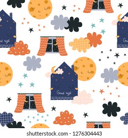 Seamless pattern with hand drawn house and moon. Cute bedtime kids print. Vector illustration.