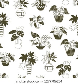 Seamless Pattern with Hand Drawn House Plants, Vector Background