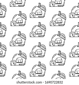 Seamless pattern with hand drawn house in the shape of an apple on a white background. Doodle, simple outline illustration. It can be used for decoration of textile, paper and other surfaces.