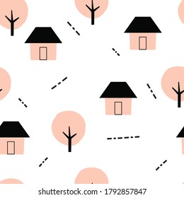 Seamless pattern hand drawn house and tree. simple vector for kids pattern, fabric print, textile, gift wrapping paper
