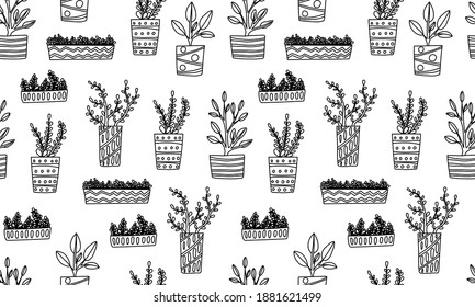 Seamless pattern with hand drawn houseplants. Vector illustration of potted plants for home.