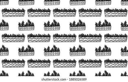 Seamless pattern with hand drawn houseplants. Vector illustration of potted plants for home.