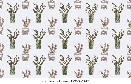 Patrón sin foco con plantas domésticas dibujadas a mano. Ilustración vectorial de plantas macetas para el hogar.