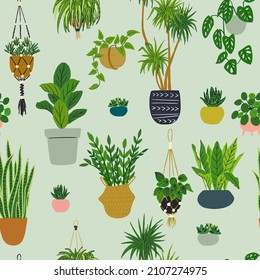 Seamless pattern with hand drawn houseplants. Urban jungle wallpaper design. Potted plants texture on dark green background. Handdrawn home jungle illustration for textile, wrapping paper, flower shop