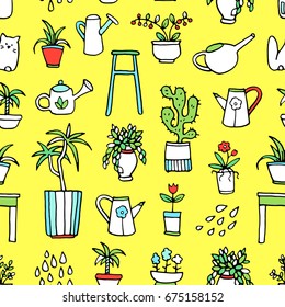 Patrón sin inconvenientes con plantas domésticas hechas a mano y latas de agua