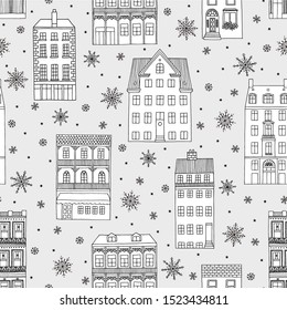 Seamless pattern with hand drawn houses and snowflakes, winter background illustration
