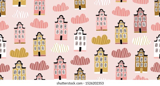 Seamless pattern with hand drawn houses and clouds in scandinavian style. Perfect for textile, wallpaper. Scandinavian urban buildings background in pastel colors. Minimalistic Amsterdam pattern