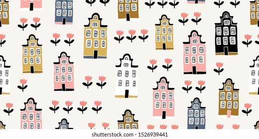 Seamless pattern with hand drawn houses and tulips in scandinavian style. Perfect for textile, wallpaper. Scandinavian urban buildings background in pastel colors. Minimalistic Amsterdam pattern