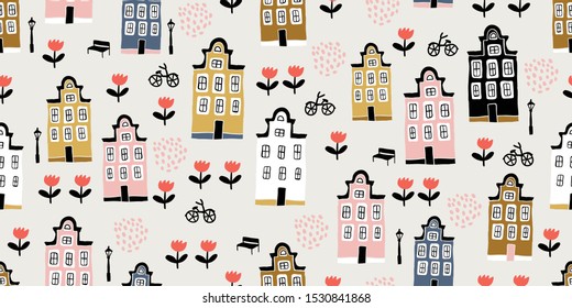 Seamless pattern with hand drawn houses and tulips in scandinavian style. Perfect for textile, wallpaper. Scandinavian urban buildings background in pastel colors. Minimalistic Amsterdam pattern