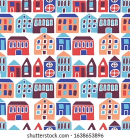 Seamless pattern with hand drawn houses. Vector illustration with cartoon city. Flat hand drawn estate banner design for fabric, wrapping, textile, wallpaper, apparel.