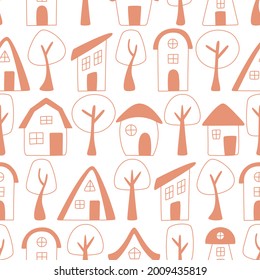 Patrón sin foco de casas dibujadas a mano y árboles en fondo blanco. Casas al estilo doodle. Ilustración vectorial.