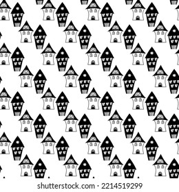 Seamless pattern with hand drawn houses in doodle style for kids fabric, clothes, posters, prints