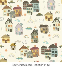 Seamless pattern with hand drawn houses, sun, rainbows and clouds. Vector kids illustration.