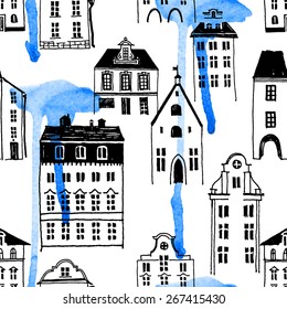 seamless pattern with hand drawn houses