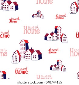 Seamless pattern with hand drawn houses and lettering. Vector illustration. Endless background.