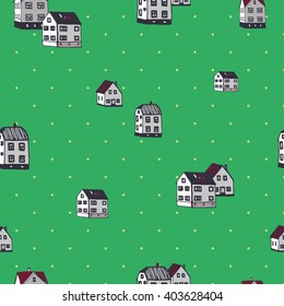 Seamless pattern with hand drawn houses on green background. Vector illustration. Decorative texture.