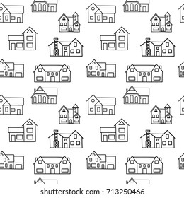 Seamless pattern of hand drawn houses on white background