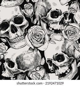 Seamless pattern of hand drawn human skulls and rose flowers. Vector graphic illustration.