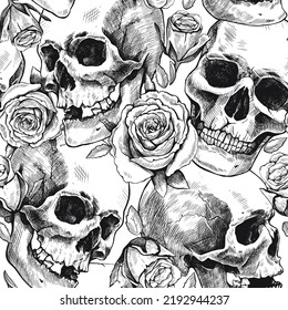 Seamless pattern of hand drawn human skulls and rose flowers. Vector graphic black and white illustration.