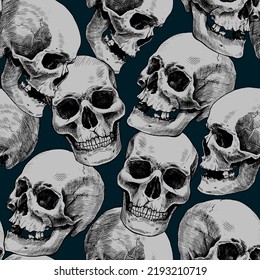 Seamless pattern of hand drawn human skulls. Vector graphic green illustration.