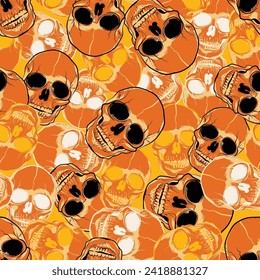 Seamless pattern of hand drawn human skulls. Vector camouflage graphic illustration for Halloween.