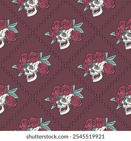 Patrón sin fisuras con cráneos humanos dibujados a mano en corona de flores de rosa dentro del enrejado. Fondo de repetición floral de Halloween. Día de diseño de envoltura muerta.