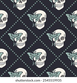 Seamless pattern with hand drawn human skulls and luna moths, inside trellis. Halloween repeat background. Day of dead wrapping design.