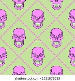 Patrón sin fisuras con cráneos humanos dibujados a mano dentro del enrejado. Fondo de repetición de Halloween. Día de diseño de envoltura muerta.