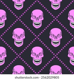 Seamless pattern with hand drawn human skulls inside trellis. Halloween repeat background. Day of dead wrapping design.