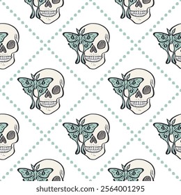 Seamless pattern with hand drawn human skulls and luna moths, inside trellis. Halloween repeat background. Day of dead wrapping design.