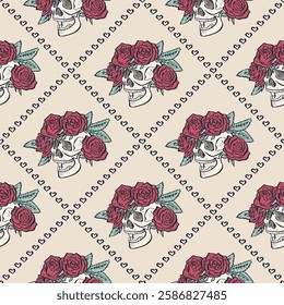 Seamless pattern with hand drawn human skulls in rose flowers wreath inside trellis. Halloween floral repeat background. Day of dead wrapping design.