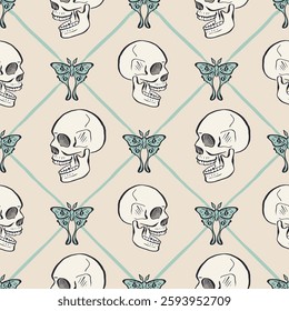 Seamless pattern with hand drawn human skulls and luna moths, inside trellis. Halloween repeat background. Day of dead wrapping design.