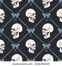 Seamless pattern with hand drawn human skulls and luna moths, inside trellis. Halloween repeat background. Day of dead wrapping design.